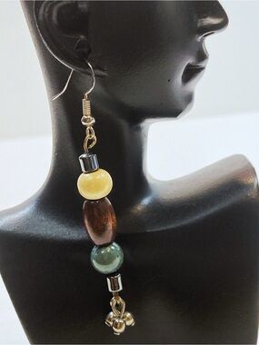 Handmade Beaded boho hippie Drop Earrings - wooden bead Green gemstone hematite